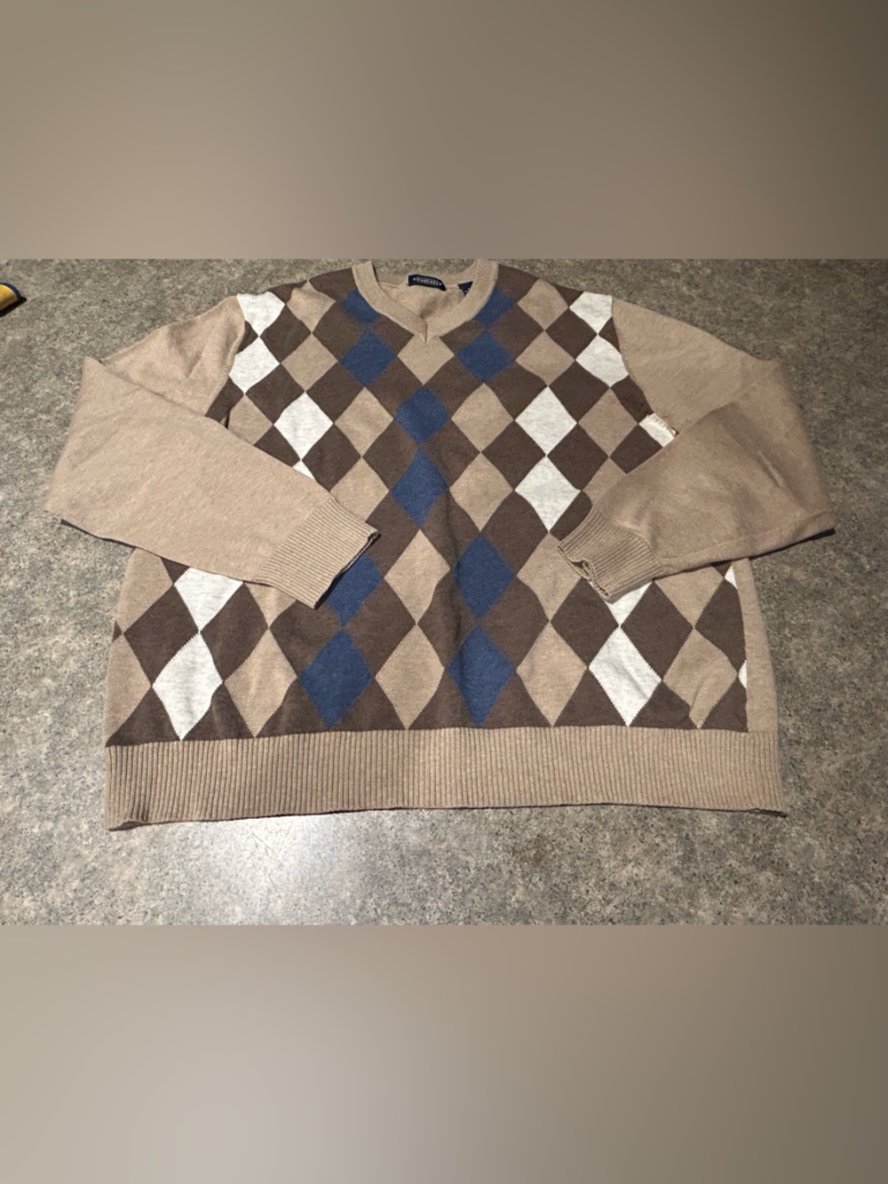 Consensus XL Cotton Blend Argyle V-Neck Pullover Sweater Beige Brown Blue Men's